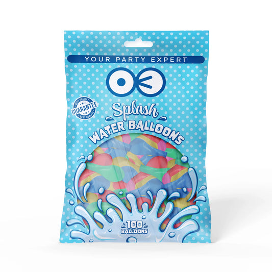 En blå förpackning med Splash vattenballonger 100-pack där färgglada ballonger syns genom en öppning på framsidan.