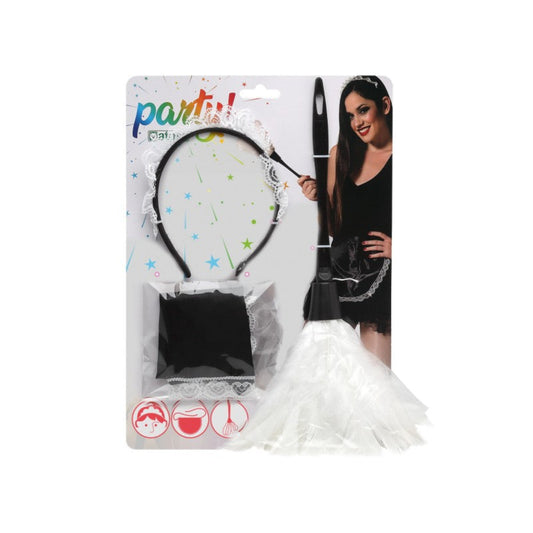 Förpackningen till ett Flirtigt Fransk Hembiträde Set, som visar diademet, förklädet och damvippan.