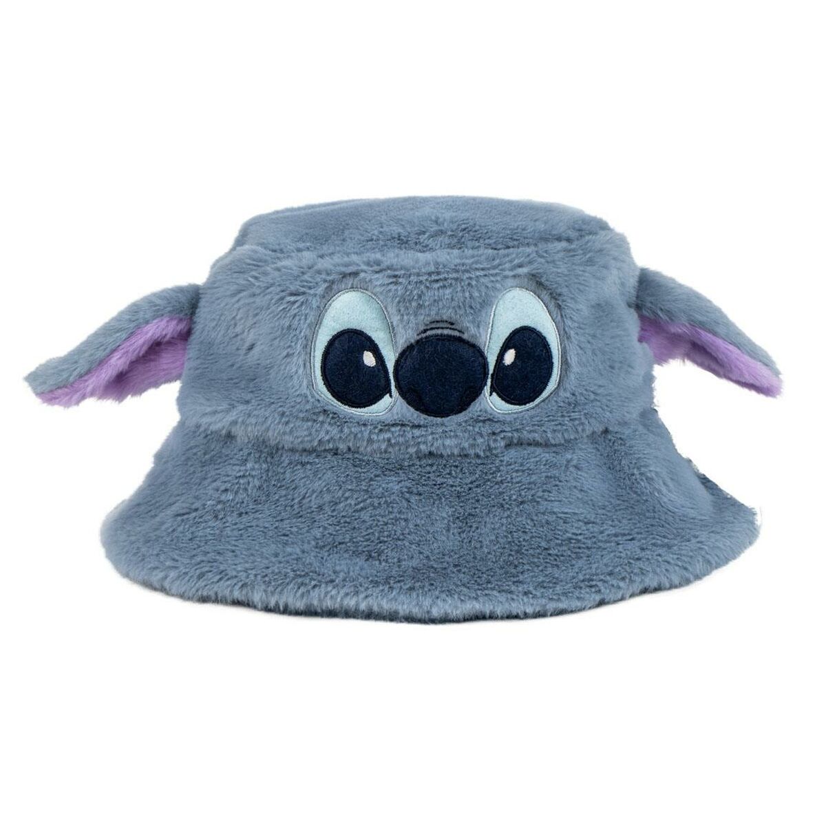 En fluffig, blå Stitch-hatt med broderade ögon och hängande öron.