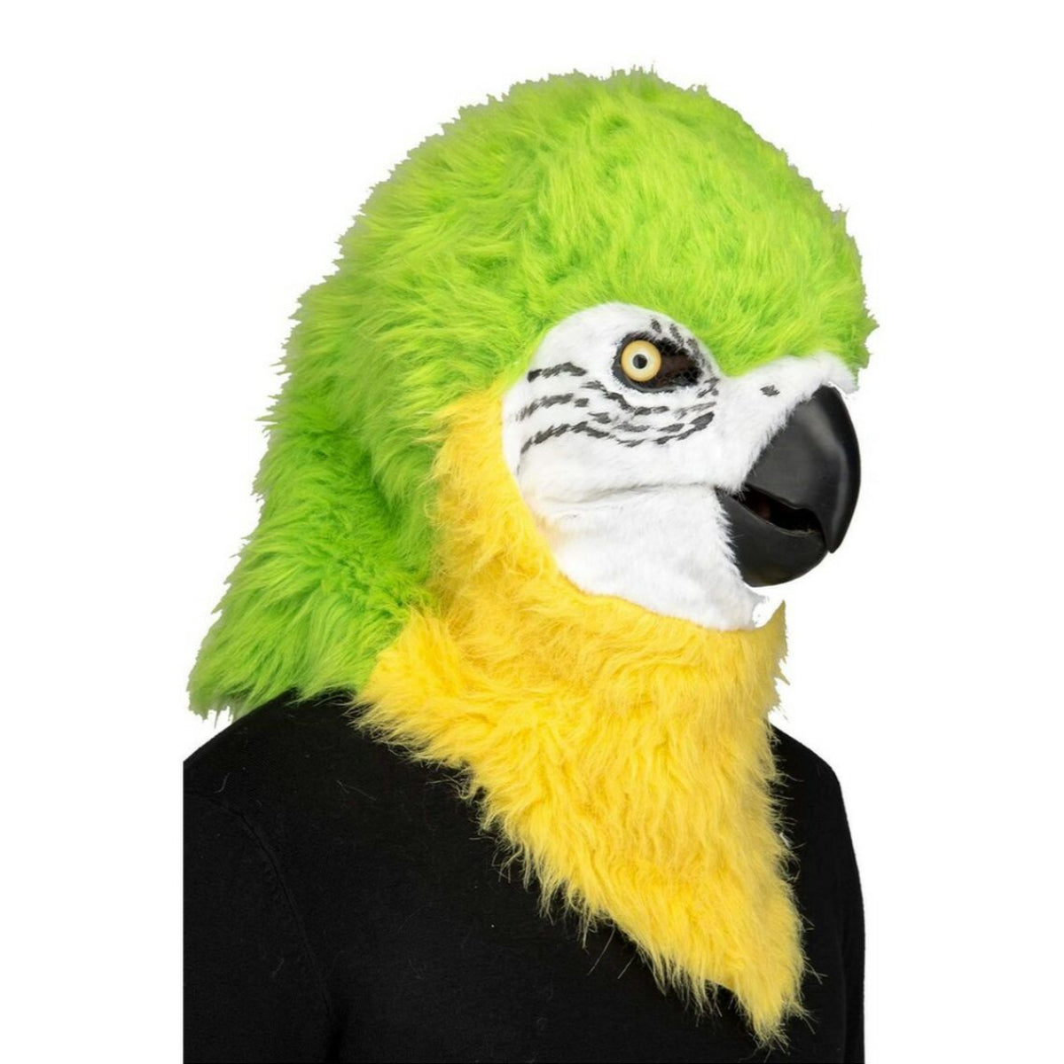 En person bär en Fluffig Papegojmask i grönt och gult, med en rörlig käke och realistiska ögon.