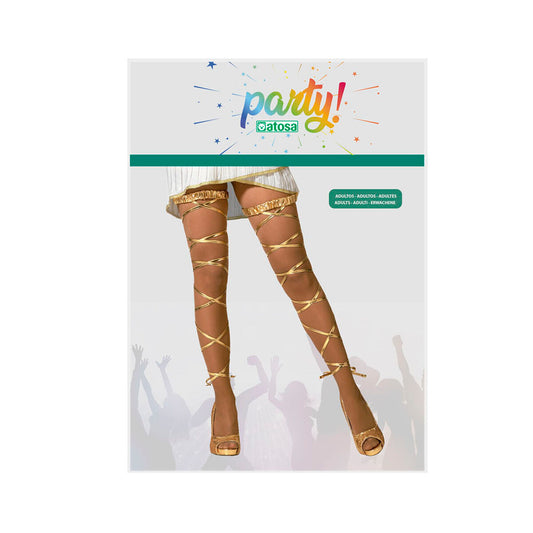 Förpackning med motiv av ett par ben med stay-ups som har guldband virade runt sig, i stil med en grekisk gudinna.