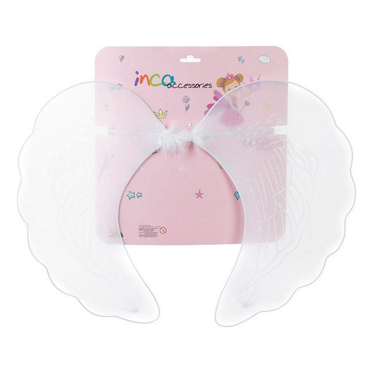 Ett par skira, vita älvavingar med silverglitter i sin rosa originalförpackning.