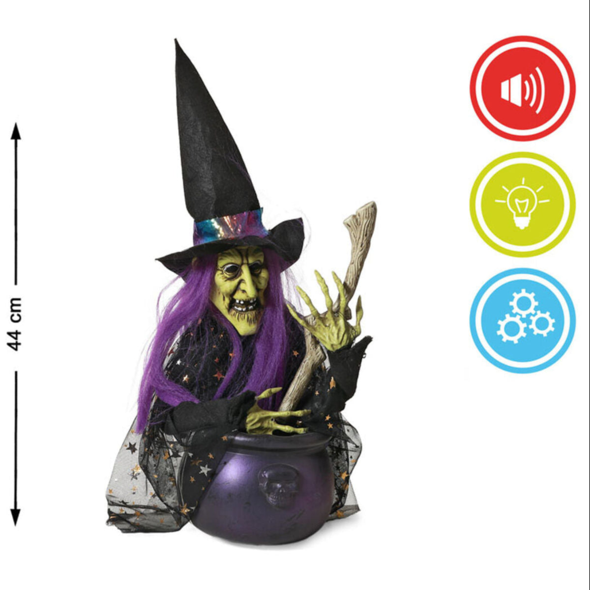 Den 44 cm höga häx-dekorationen visas med ikoner för ljud, ljus och rörelse.