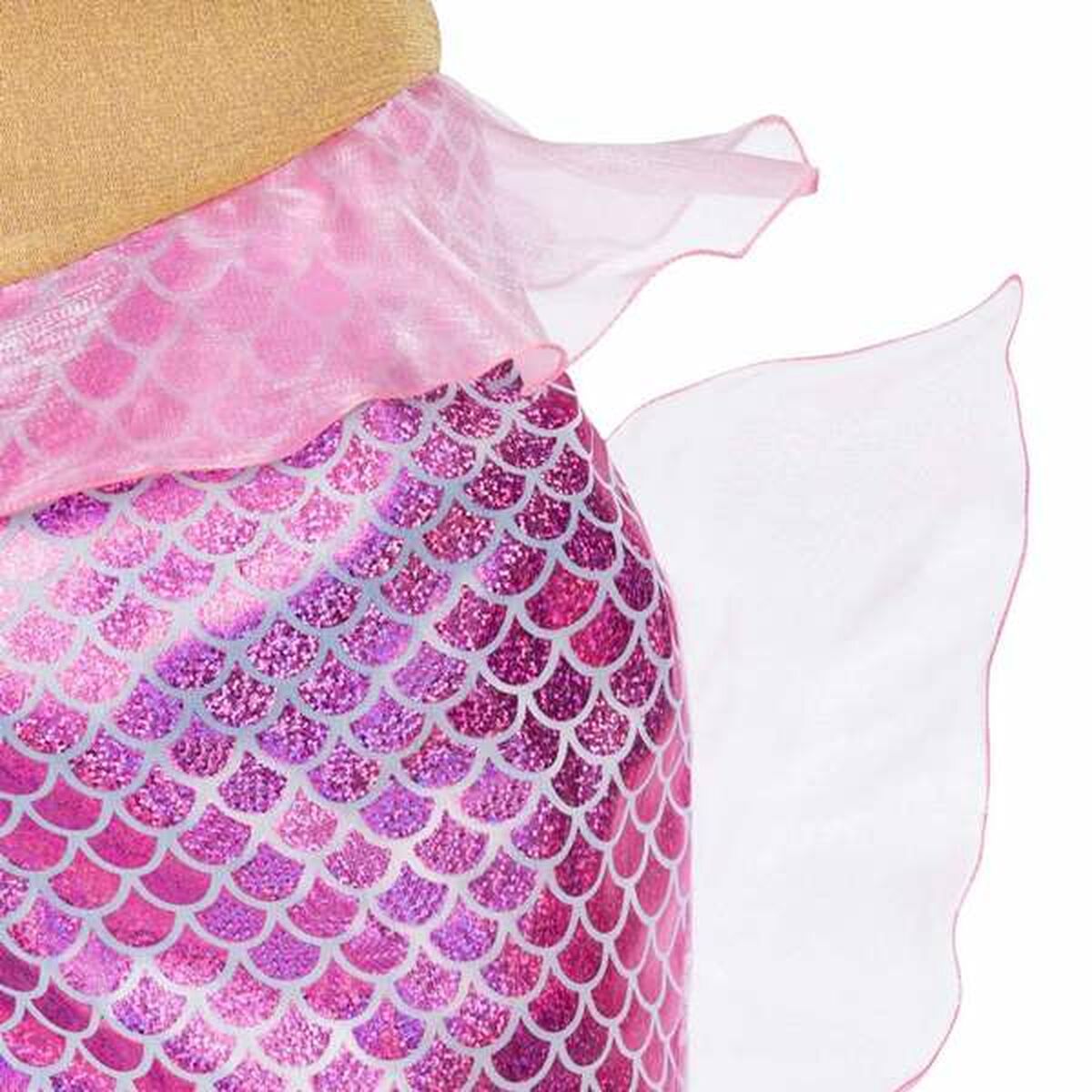 Närbild av höftpartiet på en vuxen sjöjungfru-maskeraddräkt med rosa fjällmönster och transparent volang i sidan.