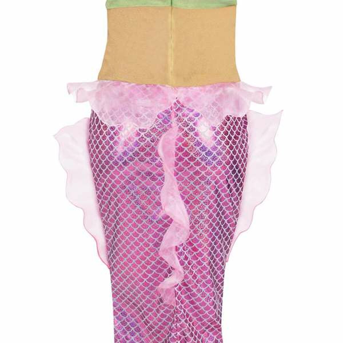 Närbild av midjan och höfterna på en vuxen sjöjungfru-maskeraddräkt i rosa och lila med glittrande fjällmönster och ljusrosa volanger.