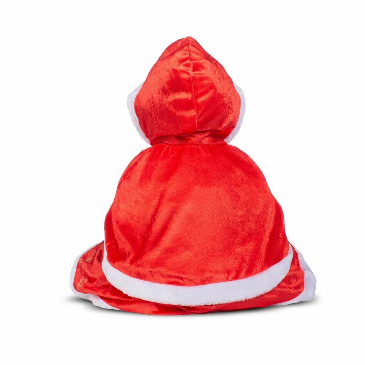 Baksidan av en bebis som bär den röda tomtecapen med vit fluffig kant och huva.