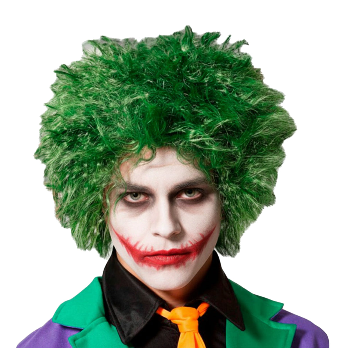 En person med clownsmink bär en Galen Grön Skurkperuk med rufsigt, grönt hår.