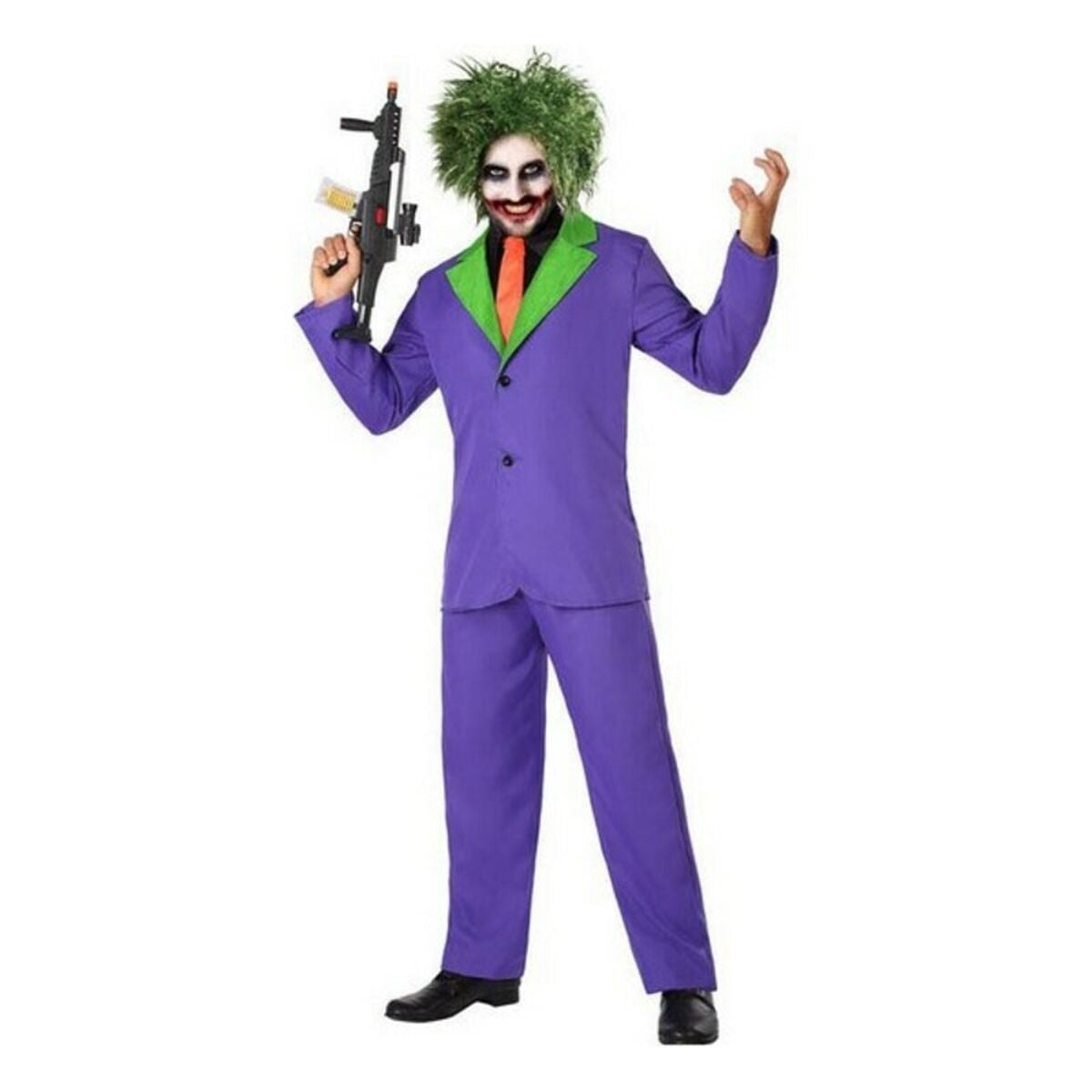 En man i en lila Joker-kostym, sedd bakifrån, med en spretig grön peruk.