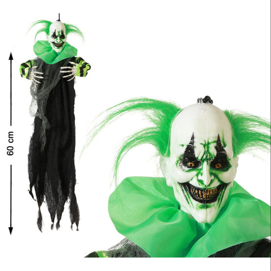En kombinationsbild som visar det kompletta, 60 cm höga hängande Mördarclownen och en närbild på dess ondskefulla, gröna clownansikte.
