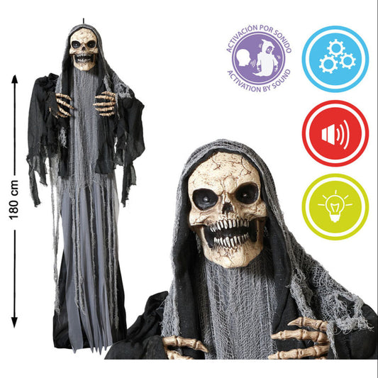 Den 180 cm höga, hängande vålnaden visas med ikoner för ljudaktivering, rörelse, ljud och ljus.