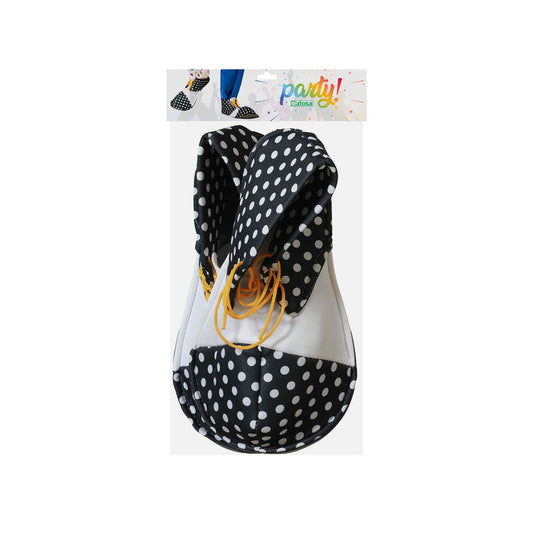 Ett par prickiga clownskor hopvikta i sin genomskinliga produktförpackning från Atosa.