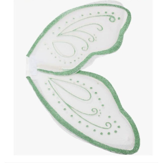 Närbild på en av de gröna fjärilsvingarna som man bär som en ryggsäck.