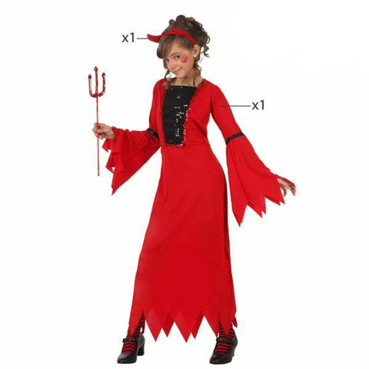 Barn i glittrig djävulsdräkt med röd klänning, svarta paljetter och horn-diadem.