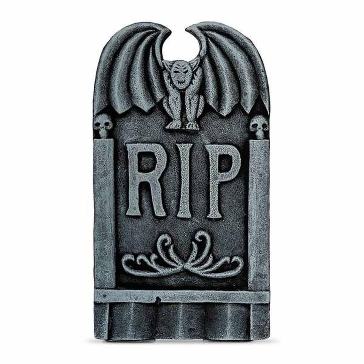En Gotisk R.I.P.-Gravsten i mörkgrå frigolit med en detaljerad gargoyle på toppen och dödskallar på sidorna.