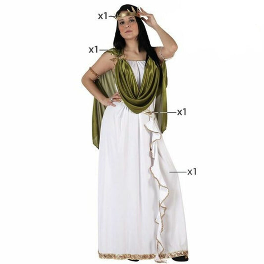 Kvinna i grekisk gudinnedräkt med vit tunika, grön mantel och guldhuvudbonad.