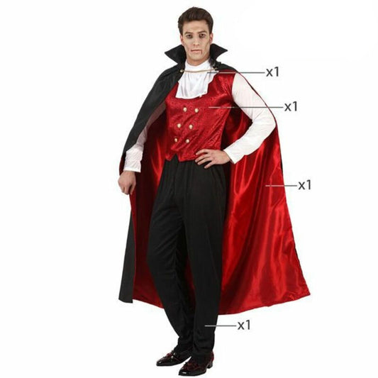 Vuxen man i klassisk Greve Dracula-dräkt med röd väst, krås och svart mantel.