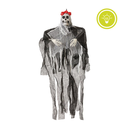 En hängande skelett-dekoration med en ikon som indikerar att den har en ljusfunktion.