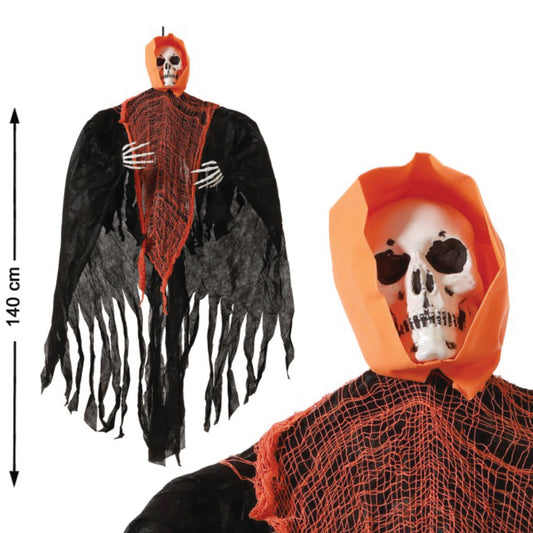 En hängande skelettvålnad som visar dess längd på 140 cm bredvid en närbild på dess kranium och orange huva.