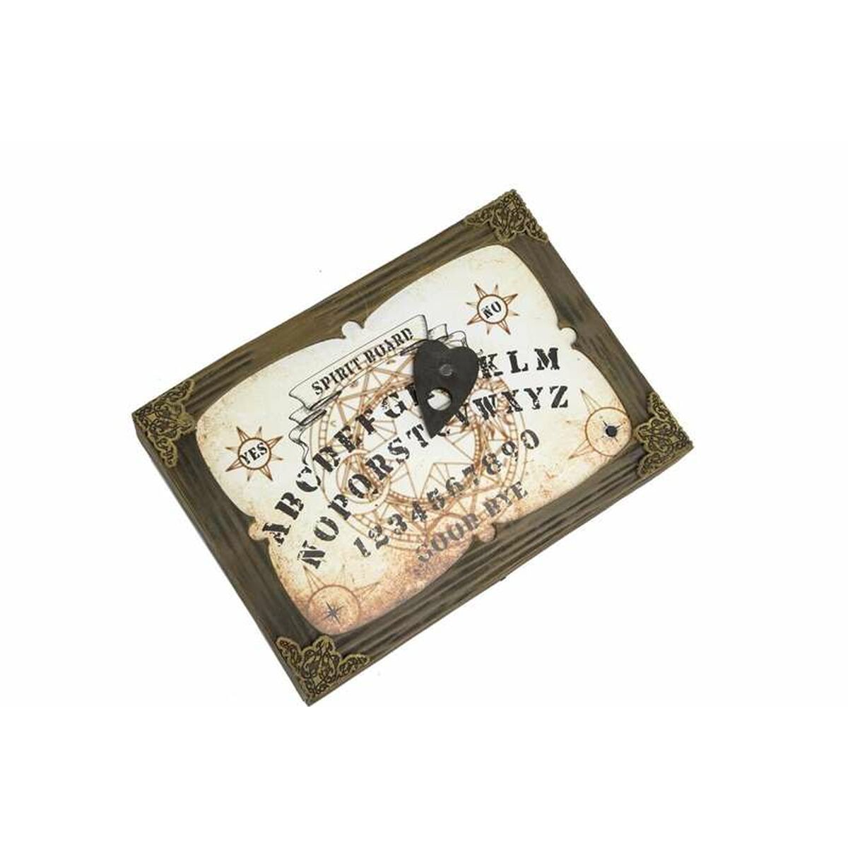 Ett hemsökt och väderbitet Ouija-bräde / Anden i Glaset med en planchatt och dekorerade hörn, redo för en seans.