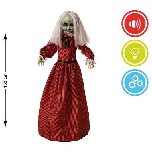 Den 153 cm höga, stående dockan visas med ikoner för ljud, ljus och rörelse.