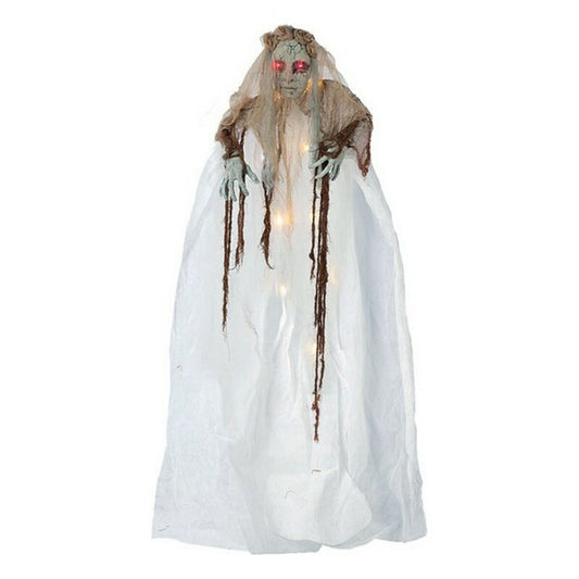 En hängande dekoration i form av en Hemsökt Spökbrud med lysande röda ögon, en sliten slöja och en vit klänning med inbyggda ljus.