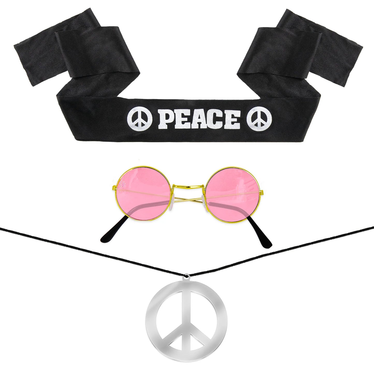 Ett tredelat hippie set med svart peace-pannband, runda glasögon med rosa linser och silverfärgat peace-halsband mot vit bakgrund.