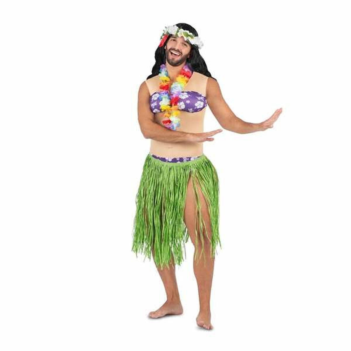 Man klädd i en grön gräskjol, blomsterhalsband och blomsterhuvudbonad, samt en hudfärgad trikåtopp med lila bikinibyst, poserande som en hula-dansare.
