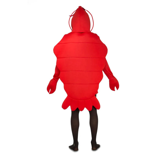 Röd hummerdräkt för vuxna, sedd bakifrån med ryggsköld och stjärtfena