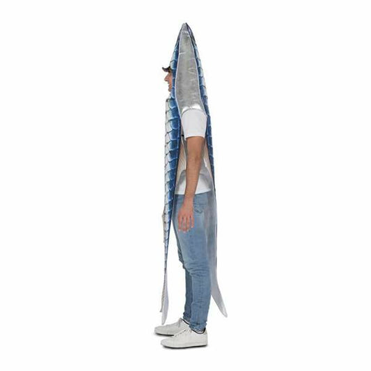 Sidan av en man i den helkroppstäckande fisk-dräkten.