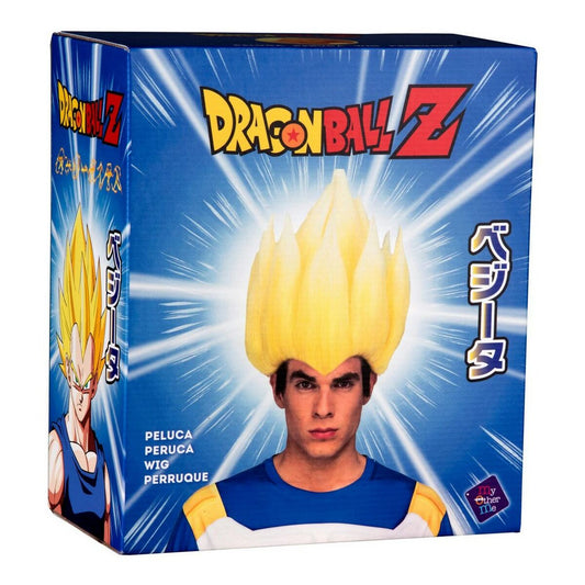 Förpackningen till den officiella Dragon Ball Z Vegeta-peruken, med bilder på karaktären.