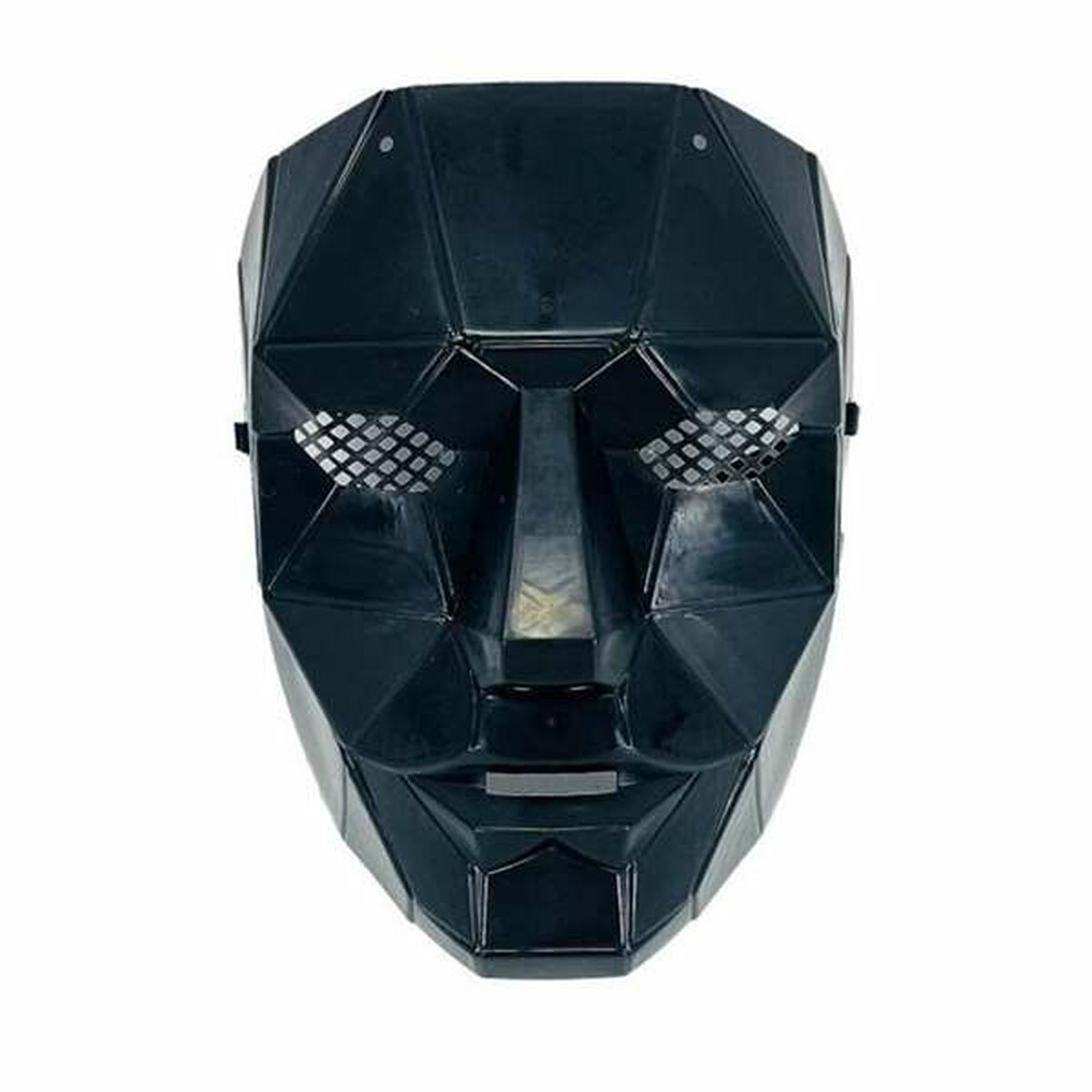 En Ikonisk Svart Spelledarmask i en geometrisk, facetterad design med nät för ögonen.