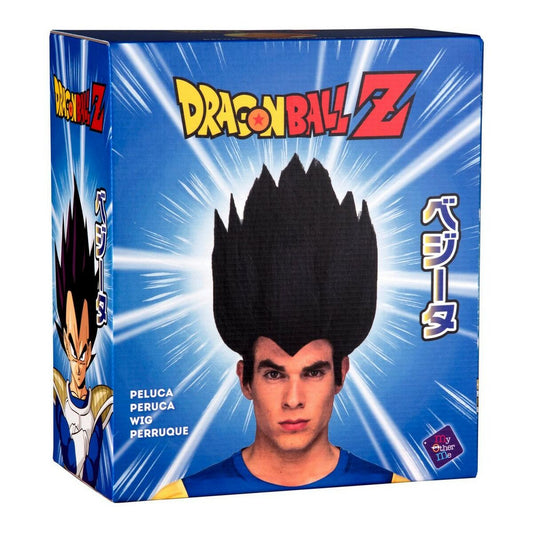 Förpackningen till den officiella Dragon Ball Z Vegeta-peruken i svart, med bilder på karaktären.