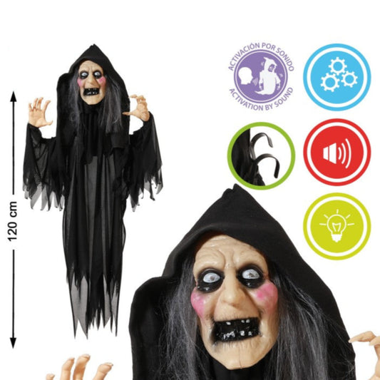 En kombinationsbild som visar den fulla längden på 120 cm och en närbild på den hängande häxans obehagliga ansikte.