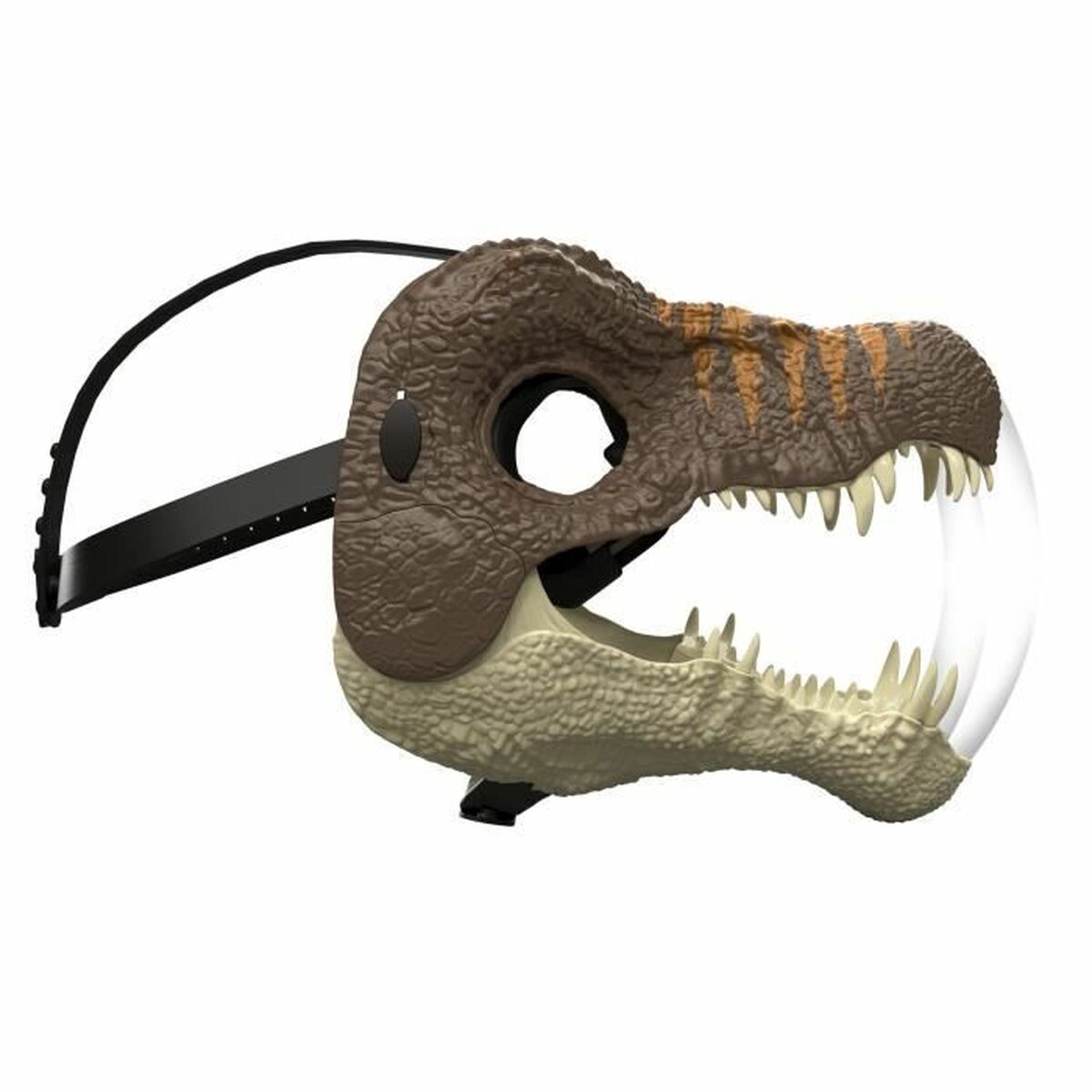 Spinosaurus-masken sedd från sidan med den rörliga käken helt öppen.