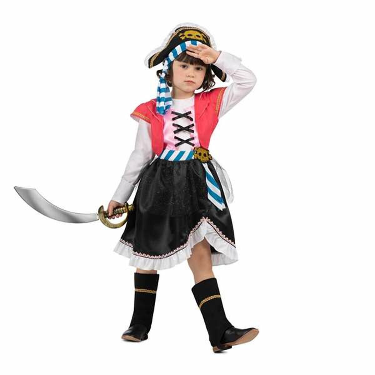 Barn i komplett piratlook med leksakssvärd – redo för skattjakt!