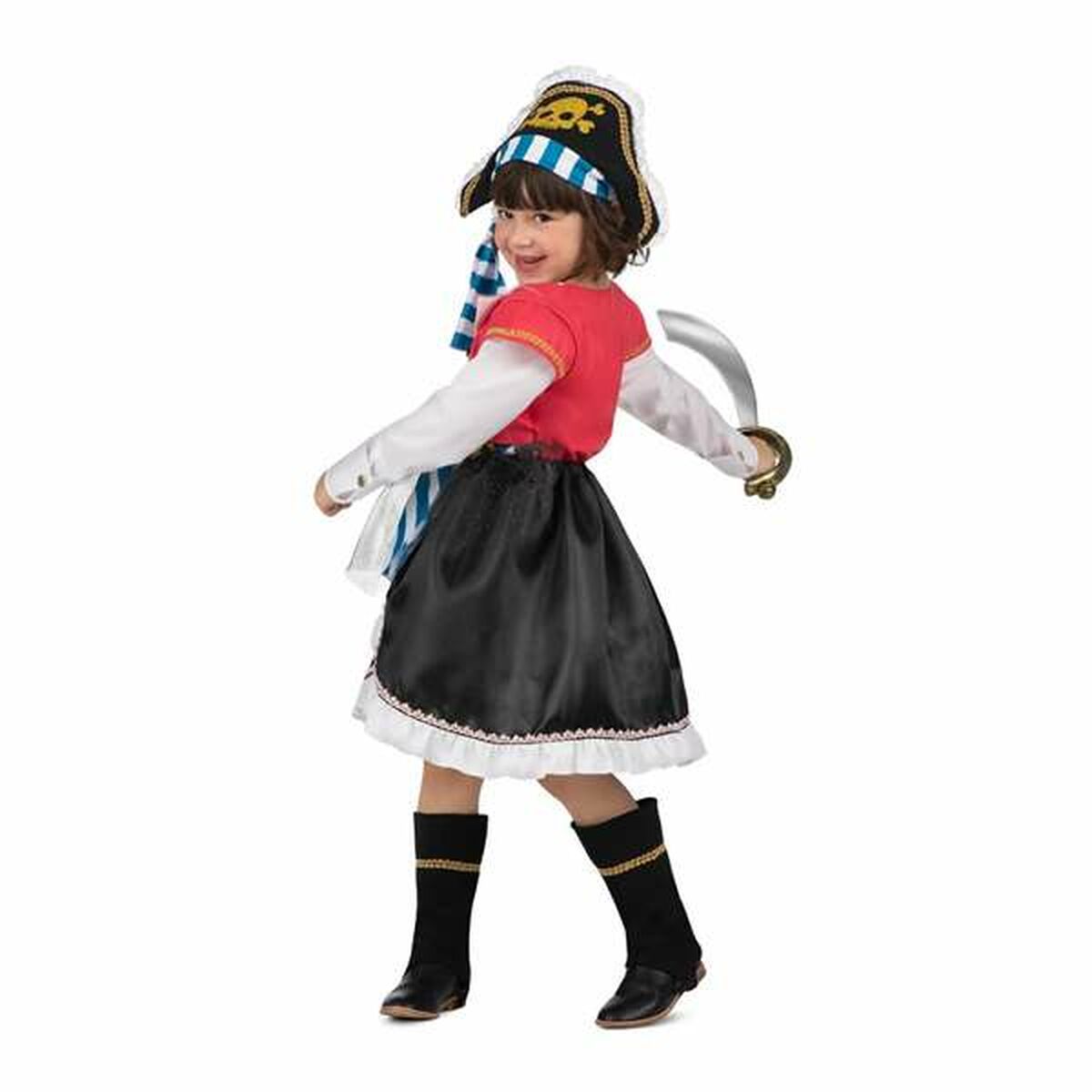 Baksida av piratdräkt med svart kjol och röda axelpartier.