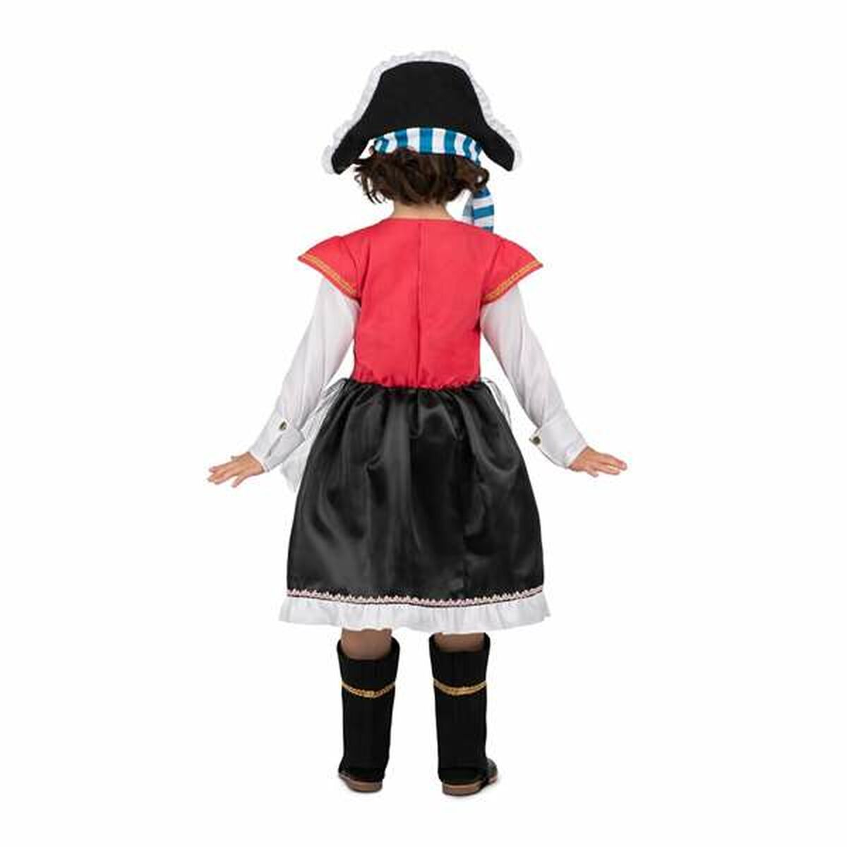 Baksidan av barn i färgglad piratdräkt med svarta kjoldelar och hatt.