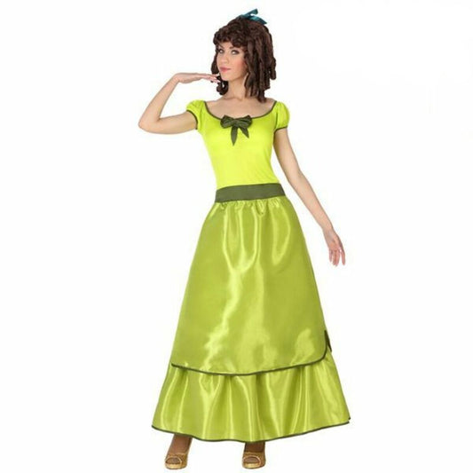 Kvinna i blank grön maskeraddräkt med rosett, poserar i karnevalsinspirerad stil.