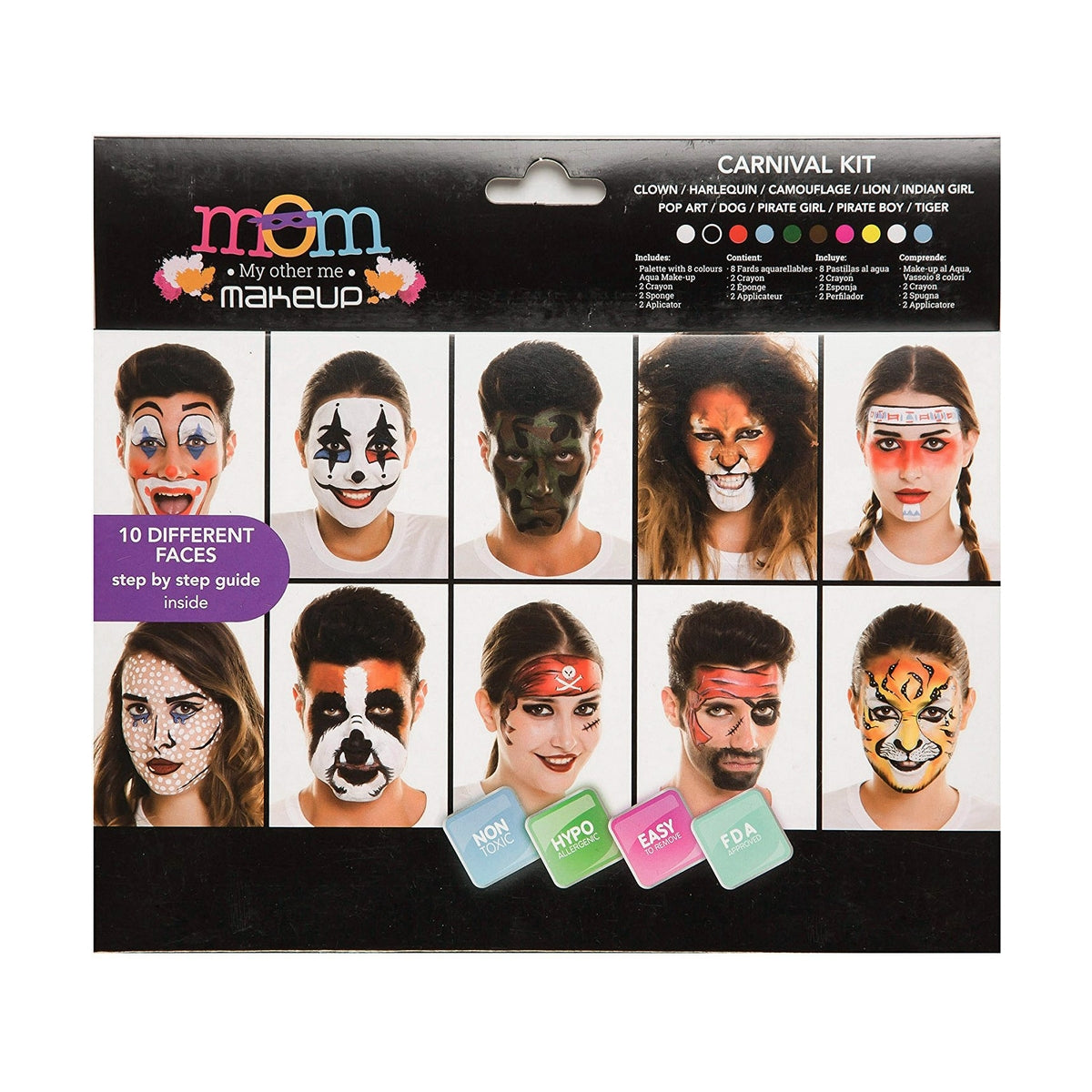 En förpackning för ett "Carnival Kit" smink-set som visar 10 olika och varierade ansiktsmålningar för vuxna, som harlekin, kamouflage och tiger.