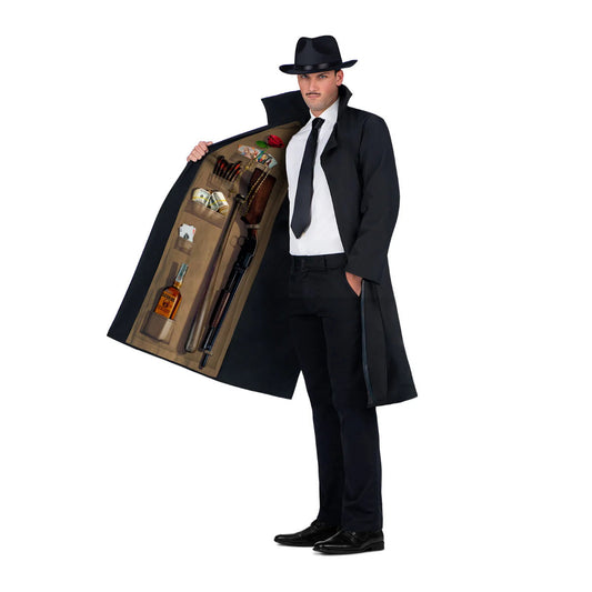 En man i profil öppnar sin svarta gangsterrock för att avslöja den andra sidan med ett påtryckt hagelgevär, pengar, en flaska sprit och en ros.