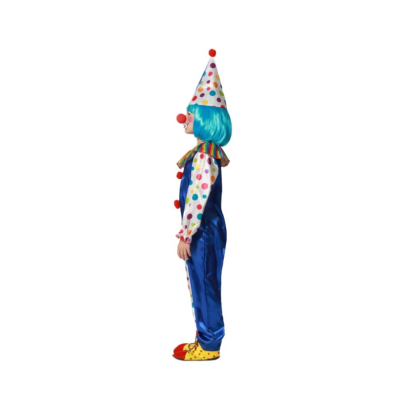 Ett barn i profil, klädd i en rolig clowndräkt med en blå och en prickig sida, blått hår och en spetsig hatt.