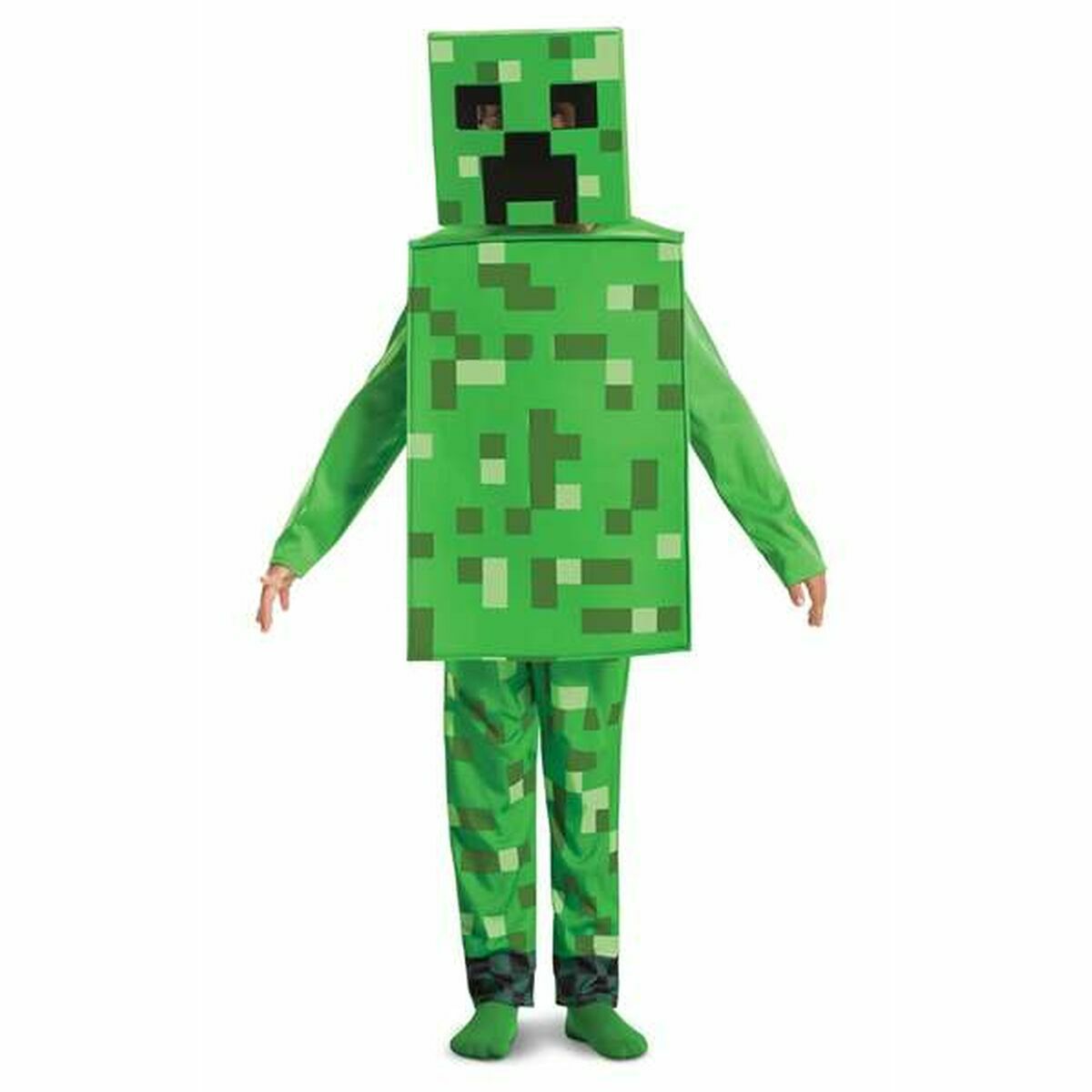 Ett barn poserar i en komplett, officiell Minecraft Creeper-dräkt, bestående av en pixlig grön tunika, matchande byxor och en fyrkantig Creeper-mask.