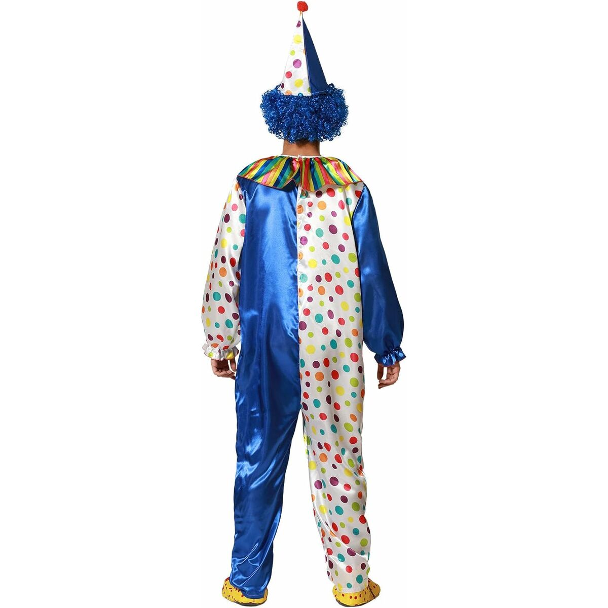 En person i en komplett clowndräkt, sedd bakifrån, med en blå och prickig jumpsuit och en blå peruk.