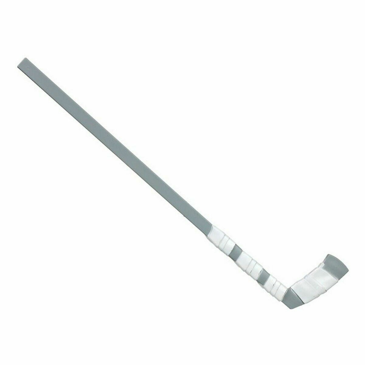 En grå leksakshockeyklubba i plast, med realistisk vit tejp lindad runt handtaget och bladet.