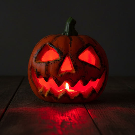 En Klassisk Jack-o'-Lantern LED-Lampa som lyser med ett varmt, rött sken i mörkret.