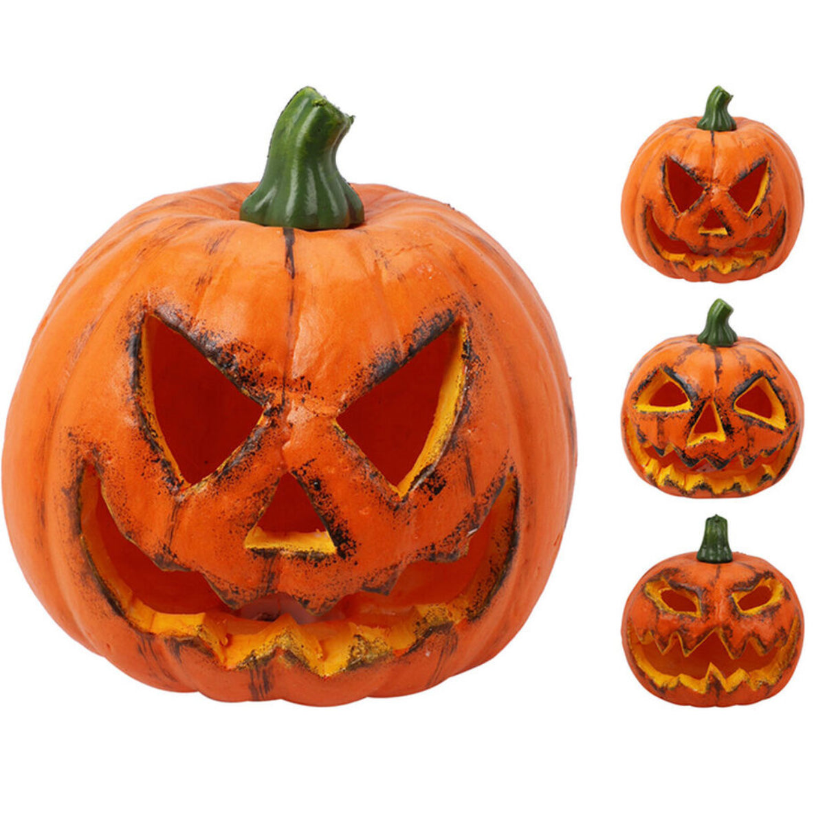 En bild som visar fyra olika varianter av den klassiska pumpa-lampan med olika ansiktsuttryck.