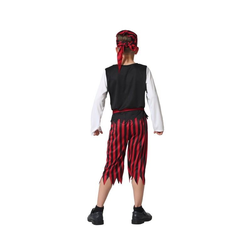 Baksidan av en klassisk barnpiratdräkt med röd- och svart-randiga byxor, svart väst och röd bandana.