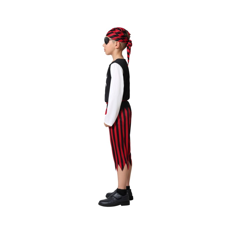 Ett barn i profil iförd klassisk piratdräkt med ögonlapp, randiga byxor och bandana – tydlig piratlook för barn.