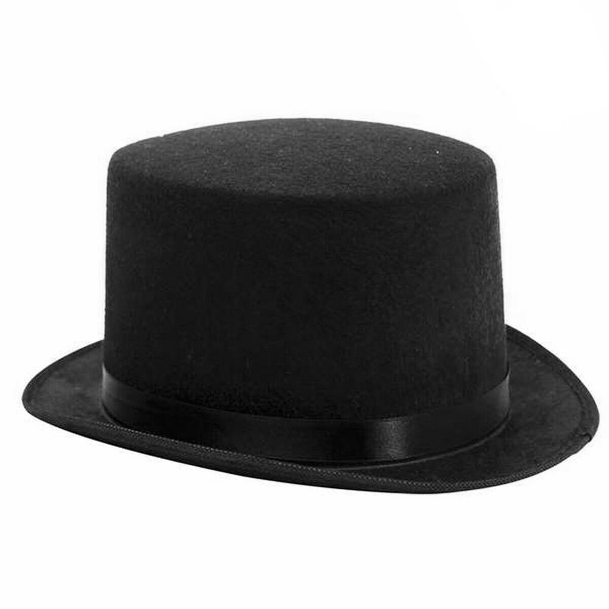 En klassisk, hög svart cylinderhatt med ett svart satinband, fotograferad snett framifrån mot en ren, vit bakgrund.