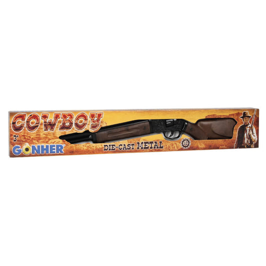 Ett klassiskt westerngevär i metall och träimitation, presenterat i sin "Cowboy" tematiserade förpackning med texten "Die-Cast Metal".
